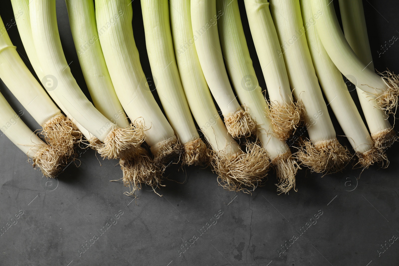 Photo of Fresh green leeks on grey table, top view