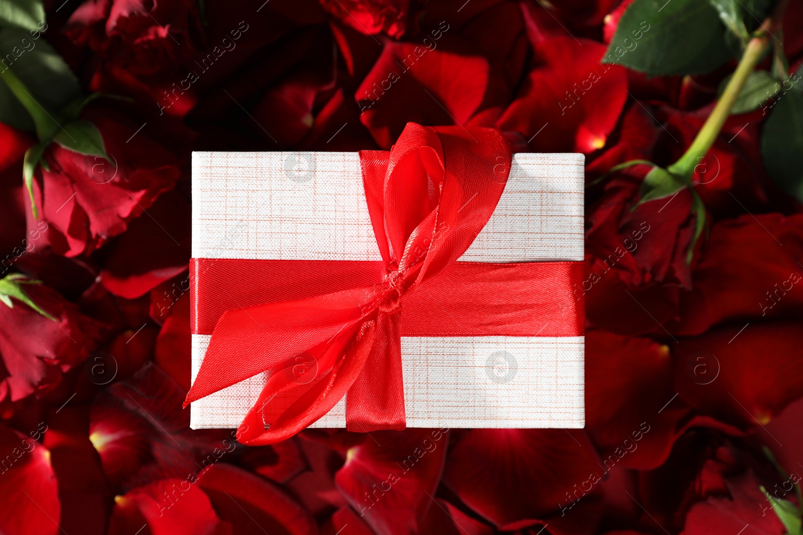 Photo of Beautiful gift box among rose flowers and petals, top view. Romantic present