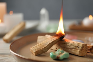 Photo of Burning palo santo stick and gemstone on table, closeup