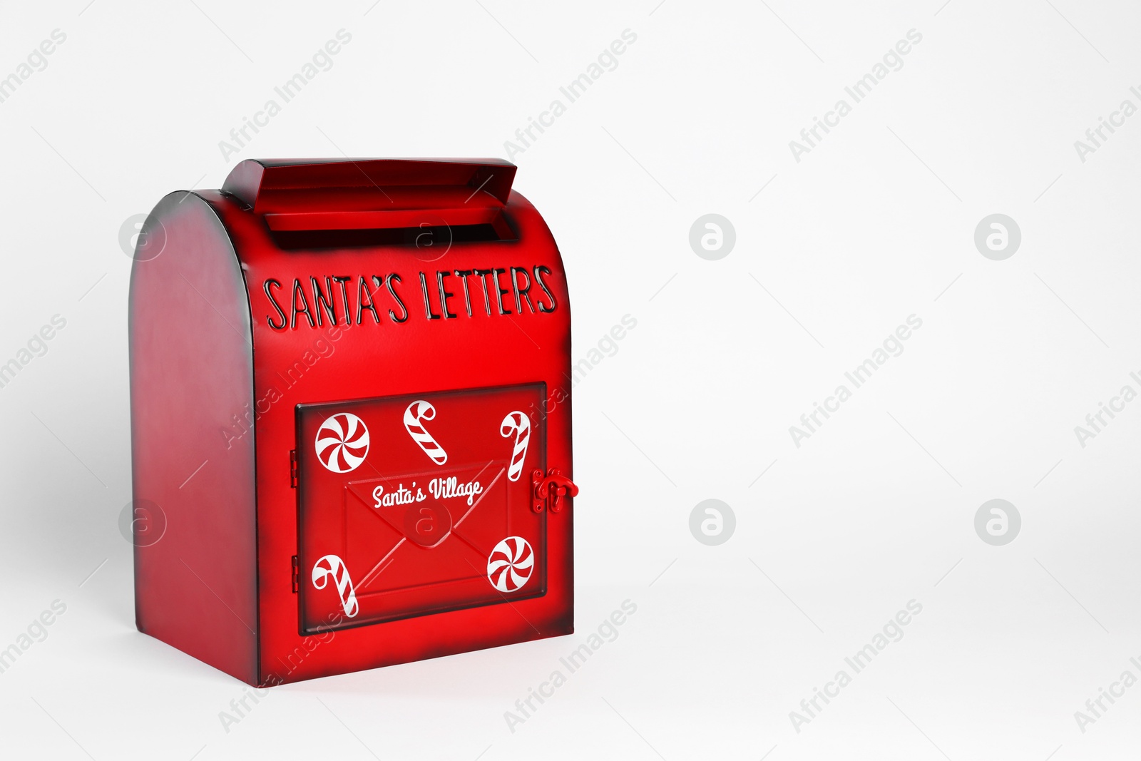 Photo of Santa Claus mail box on white background, space for text. Christmas tradition