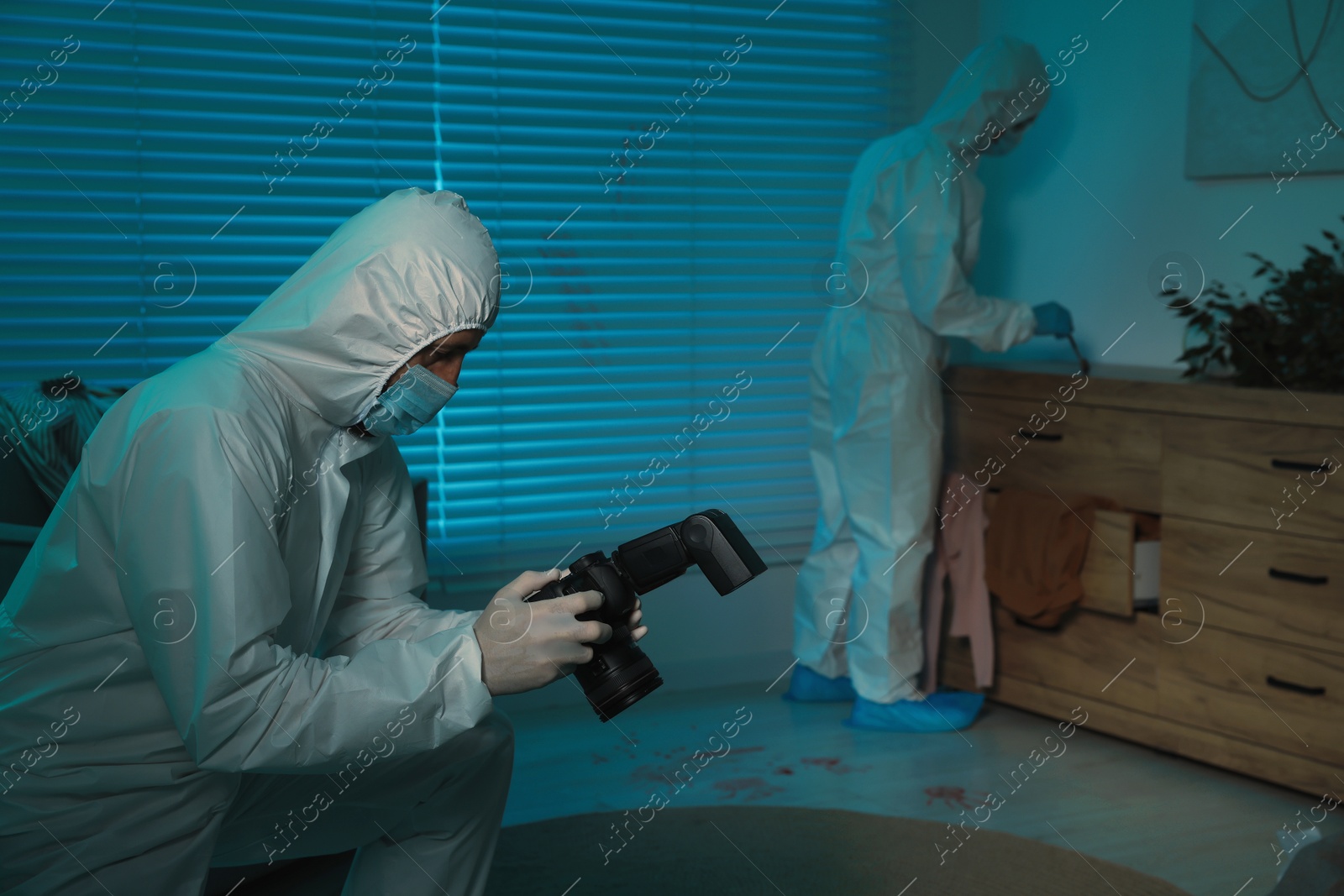 Photo of Forensic experts working at crime scene indoors