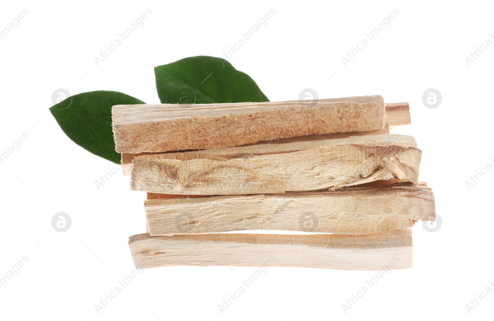 Photo of Palo santo sticks and green leaves on white background