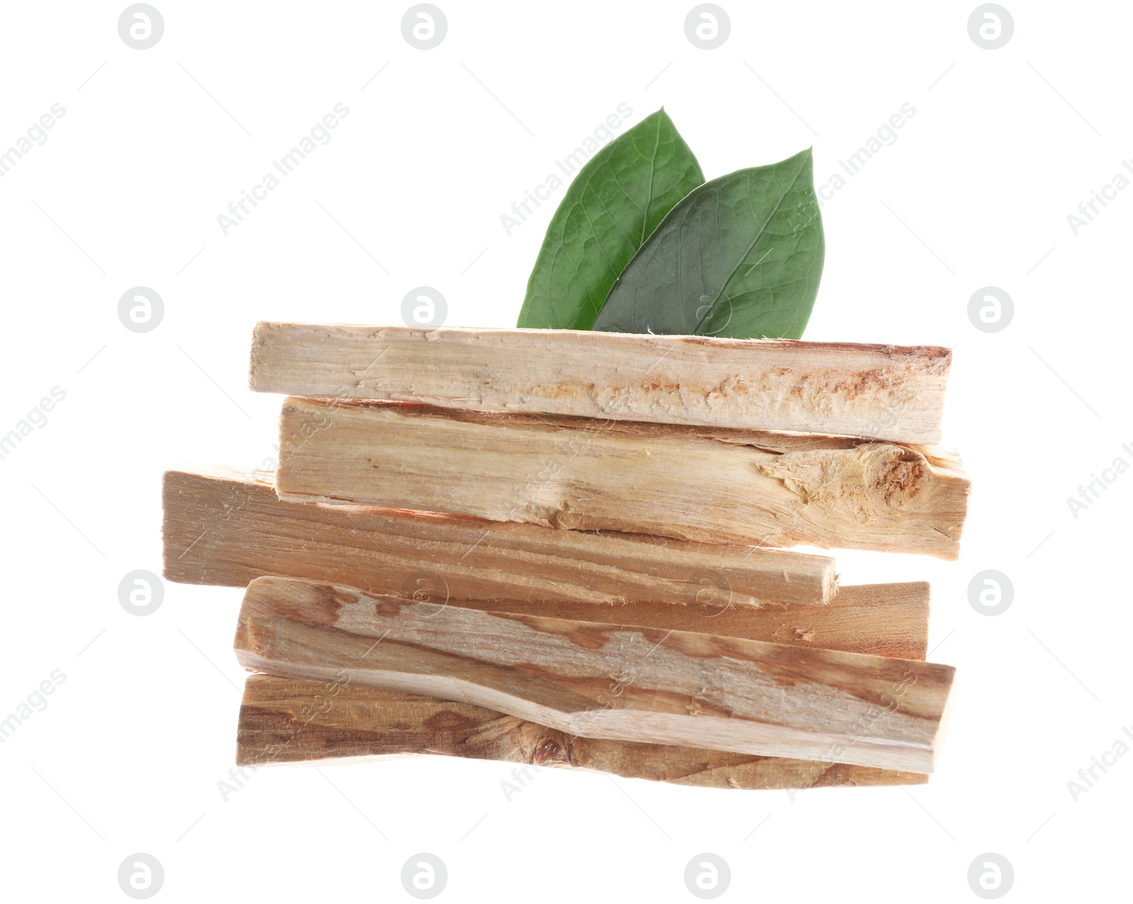 Photo of Palo santo sticks and green leaves on white background