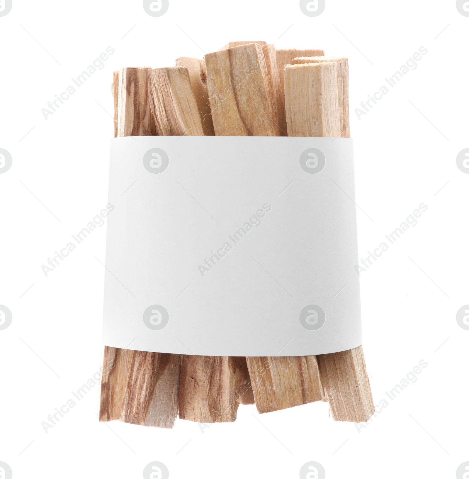 Photo of Palo santo sticks wrapped in paper on white background