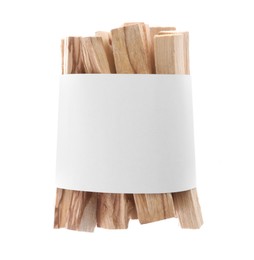 Photo of Palo santo sticks wrapped in paper on white background