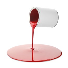 Red paint flowing down from can on white background