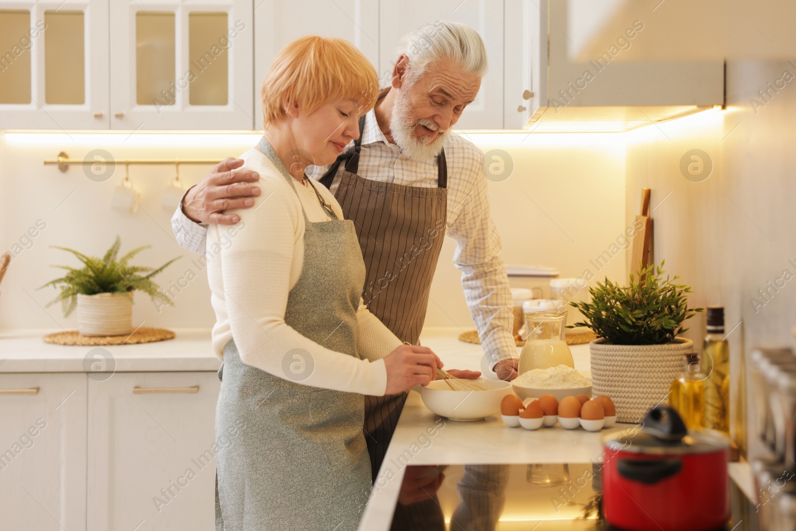 Photo of Senior couple cooking together at counter in kitchen