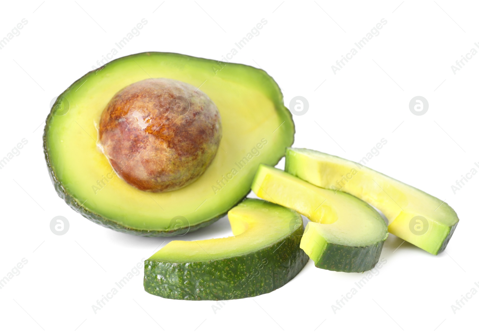 Photo of Pieces of ripe avocado isolated on white