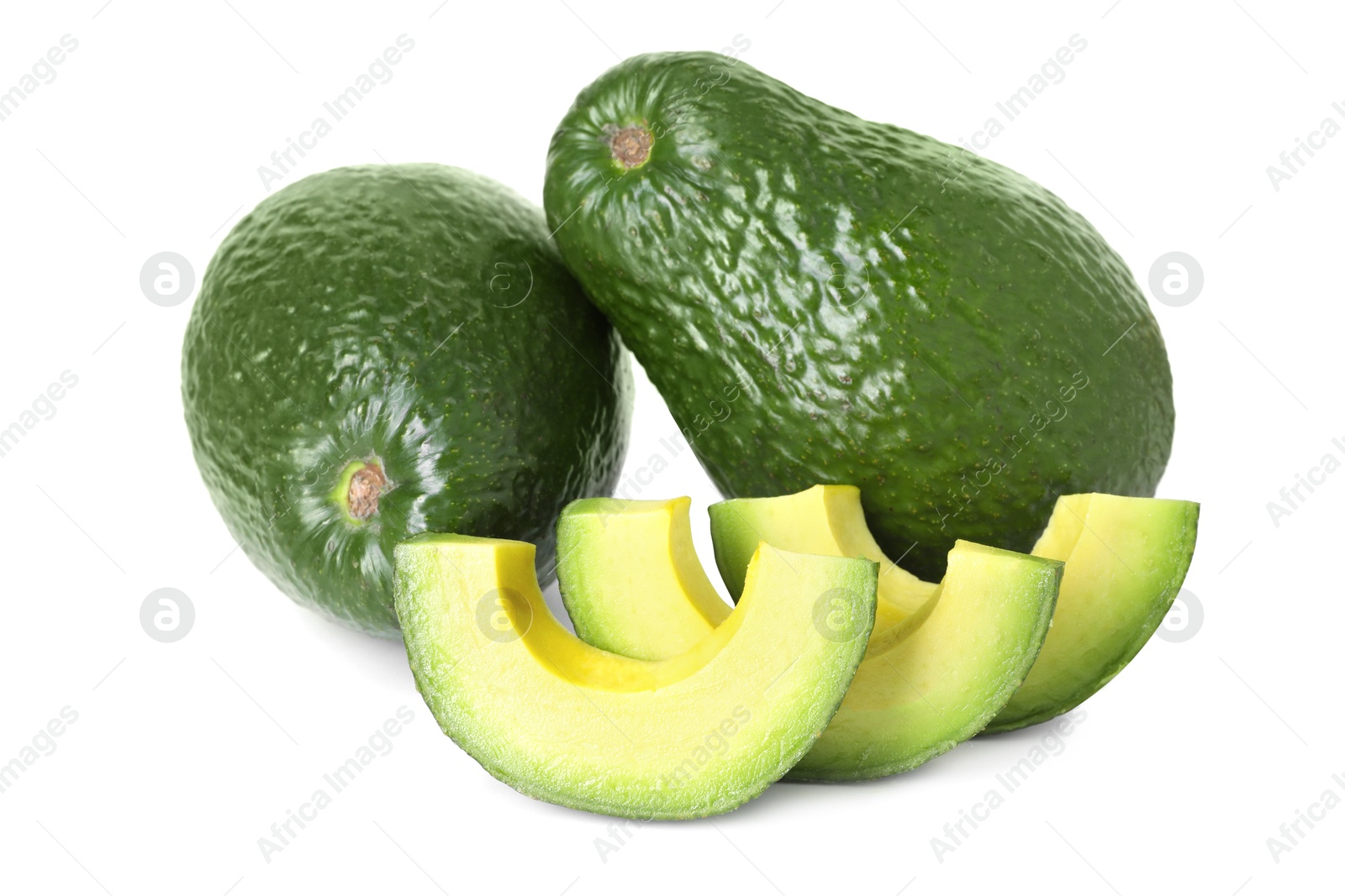 Photo of Whole and cut avocados isolated on white