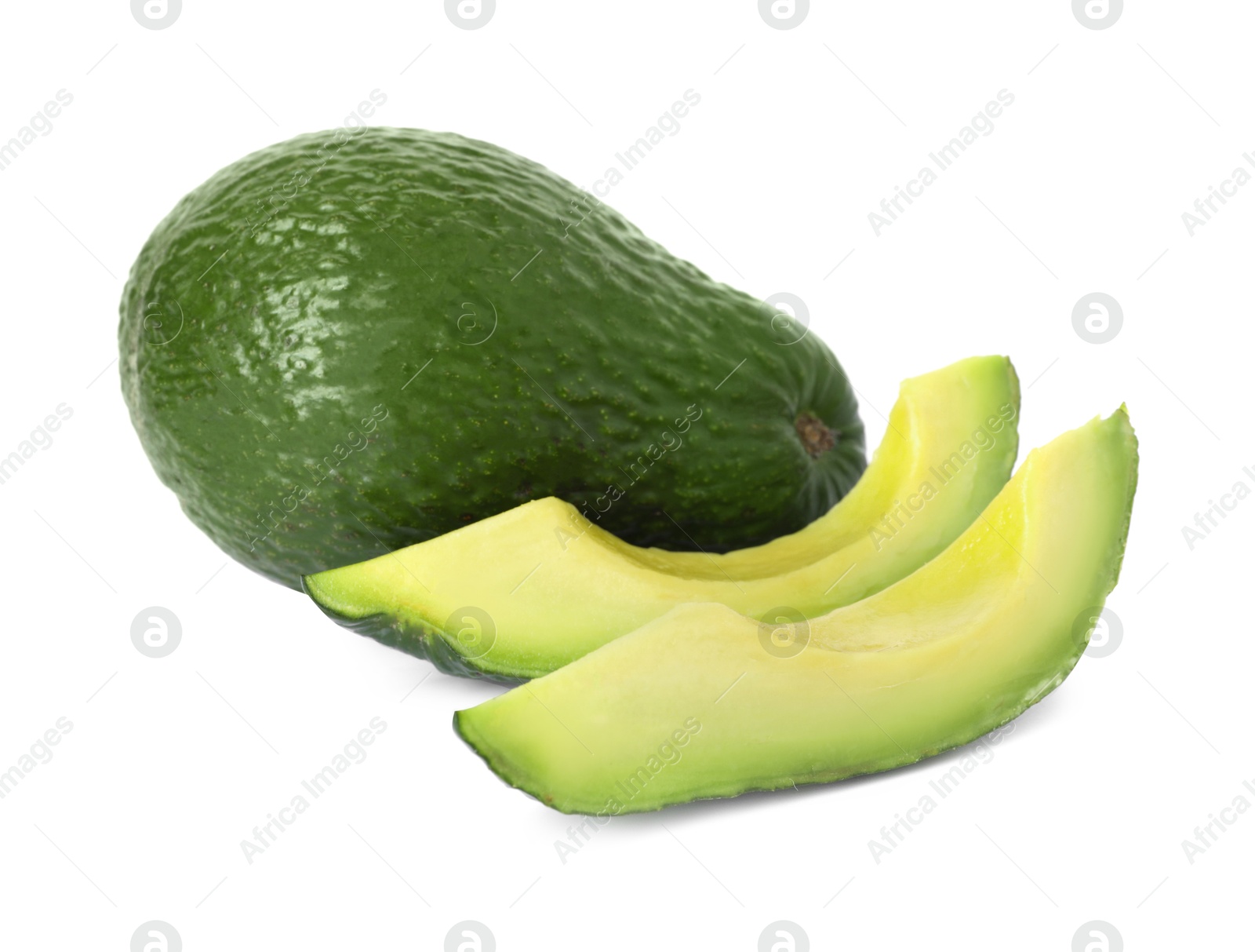 Photo of Whole and cut avocados isolated on white