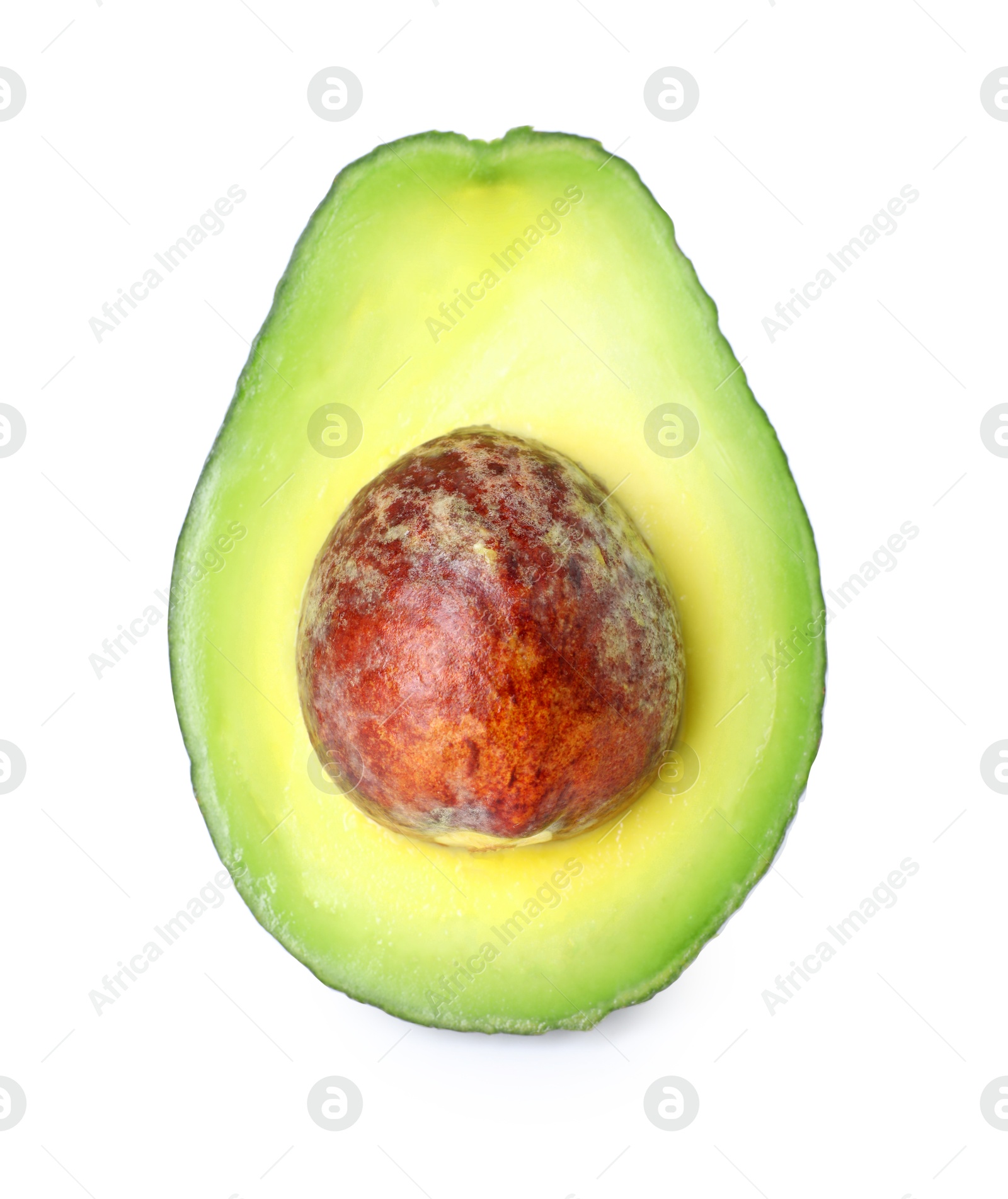 Photo of Half of ripe avocado isolated on white, top view