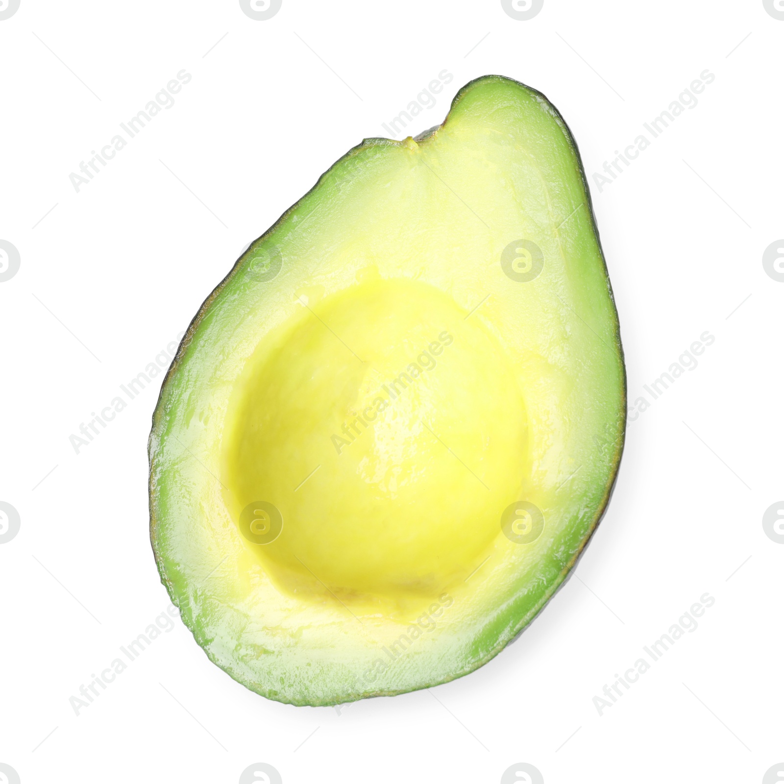 Photo of Half of ripe avocado isolated on white, top view