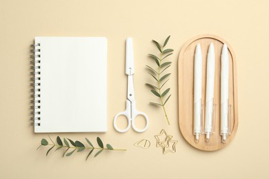 Paper clips, other different stationery and green twigs on beige background, flat lay