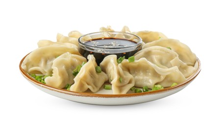 Photo of Tasty boiled gyoza (dumplings) with green onion and soy sauce on white background