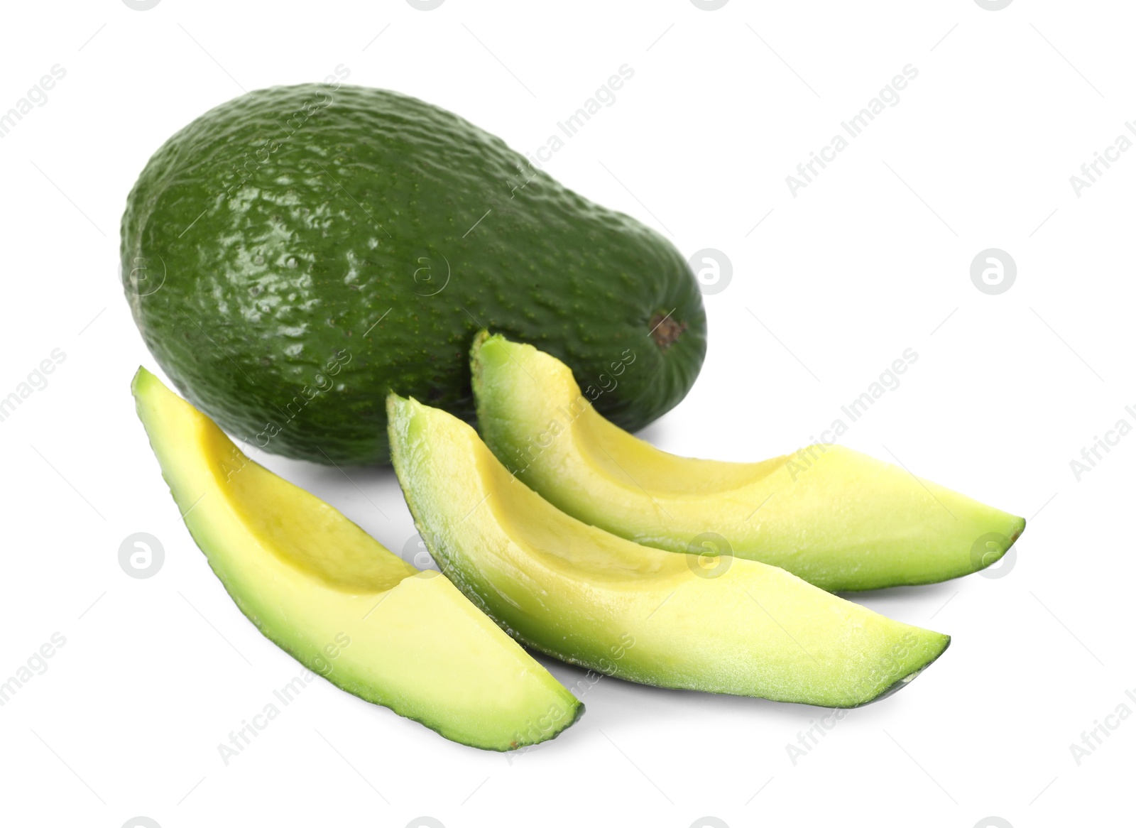 Photo of Whole and cut avocados isolated on white