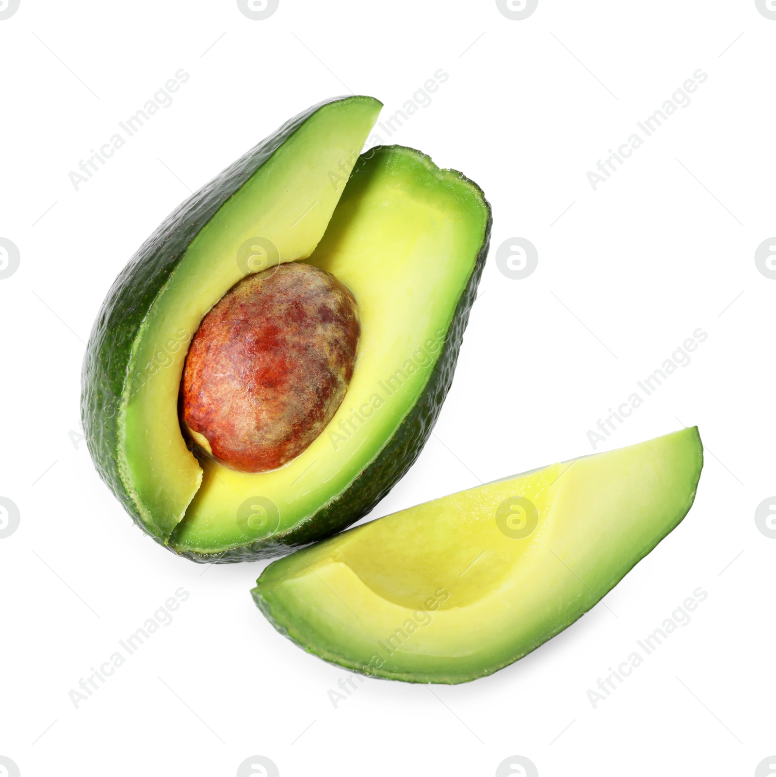 Photo of Pieces of ripe avocado isolated on white, top view