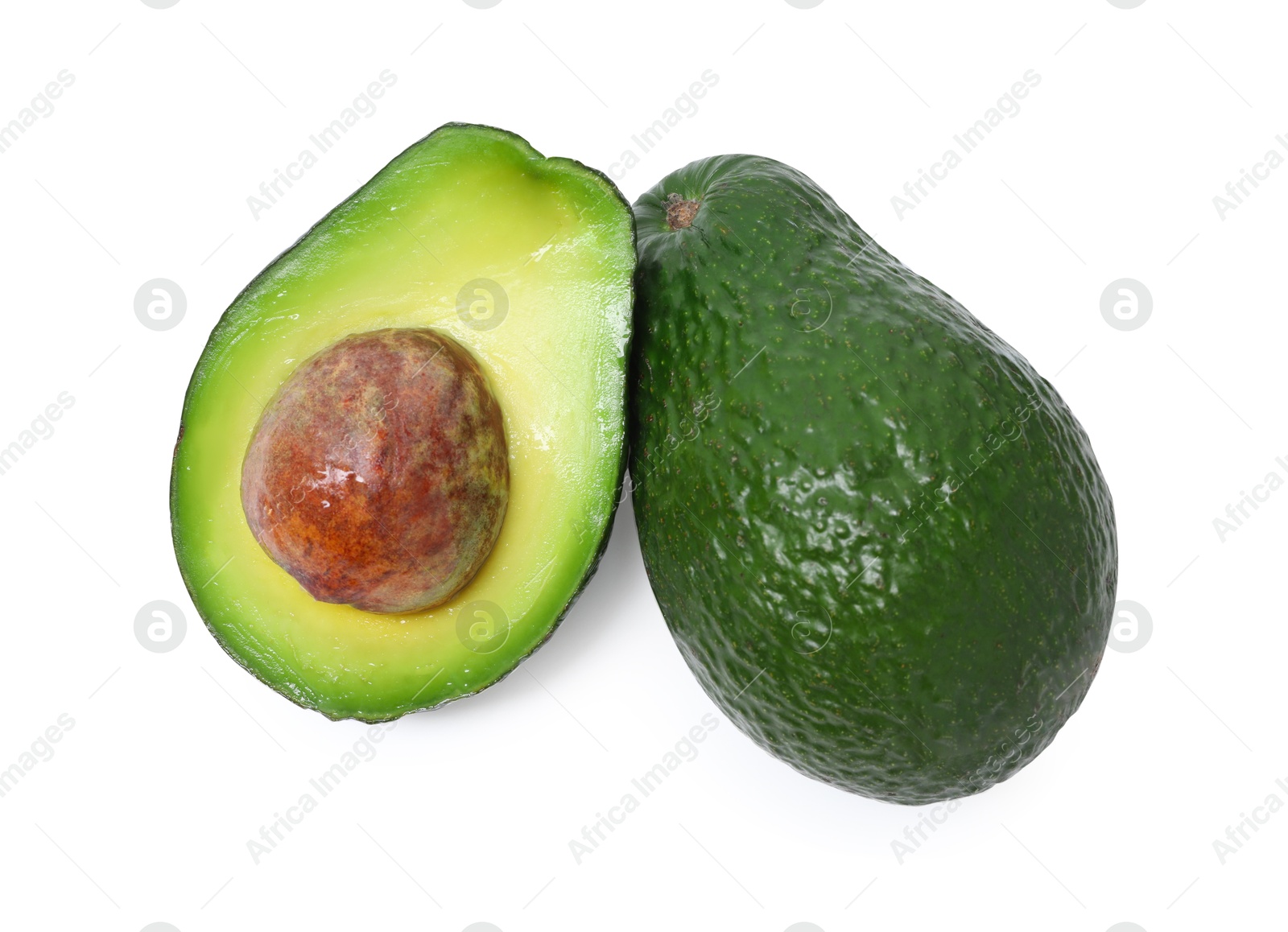 Photo of Whole and cut avocados isolated on white, top view