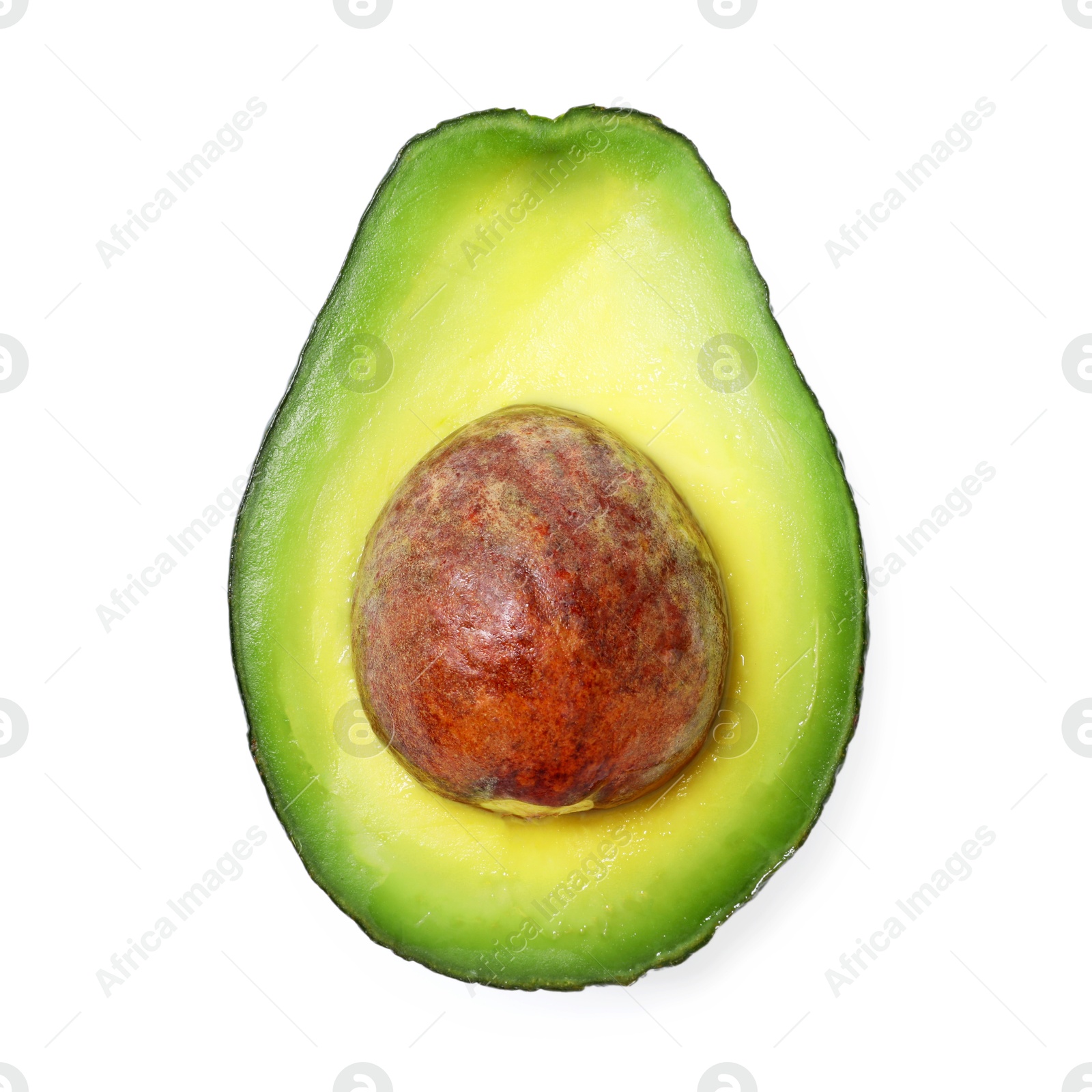 Photo of Half of ripe avocado isolated on white, top view