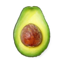 Photo of Half of ripe avocado isolated on white, top view