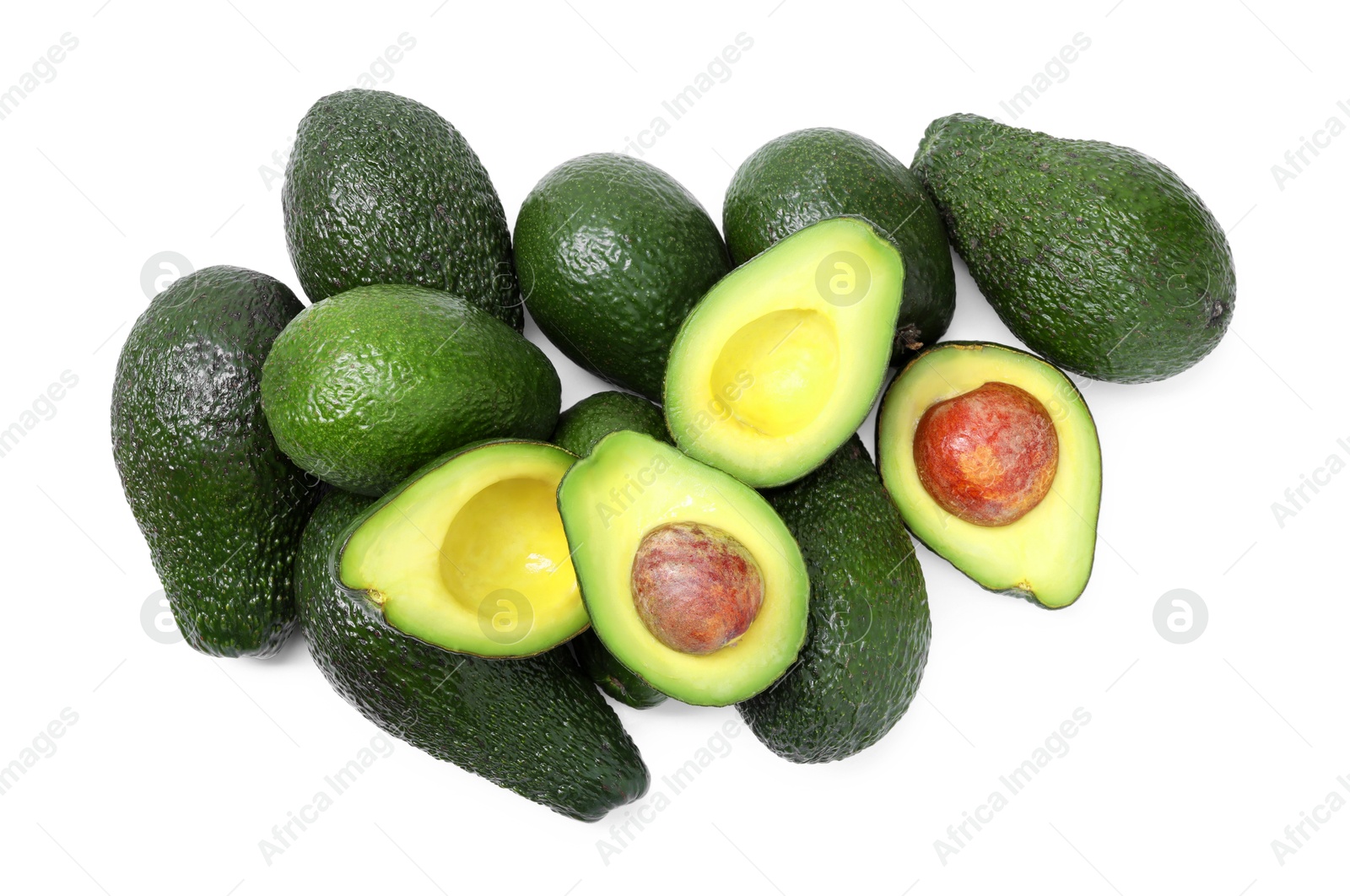 Photo of Many whole and cut avocados isolated on white, top view