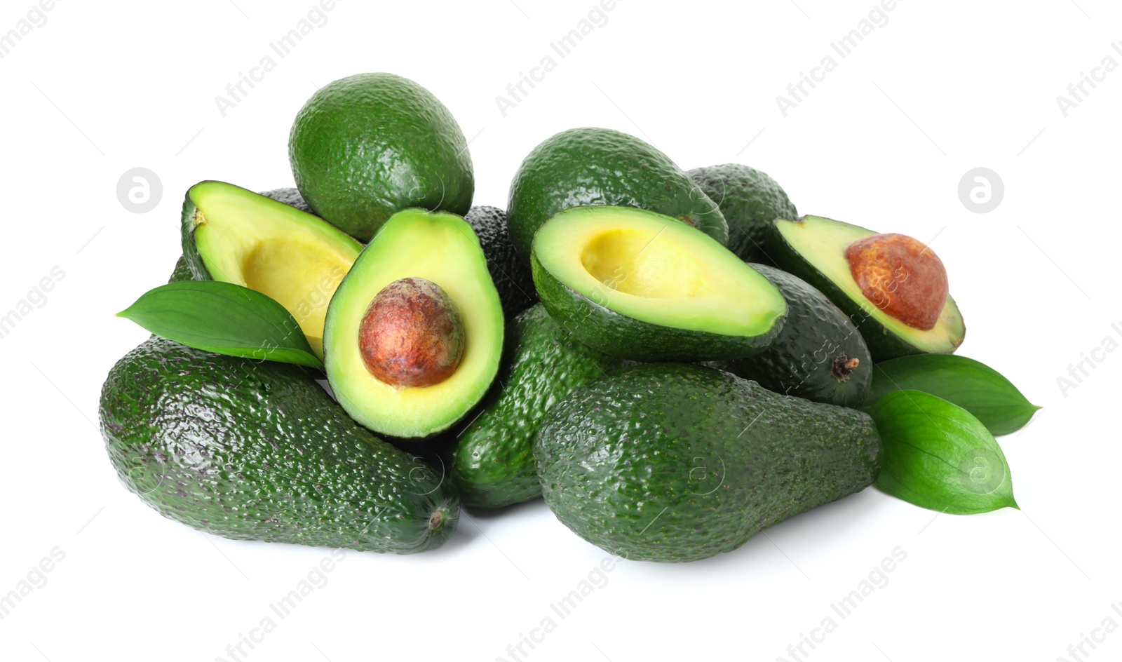 Photo of Many whole and cut avocados isolated on white