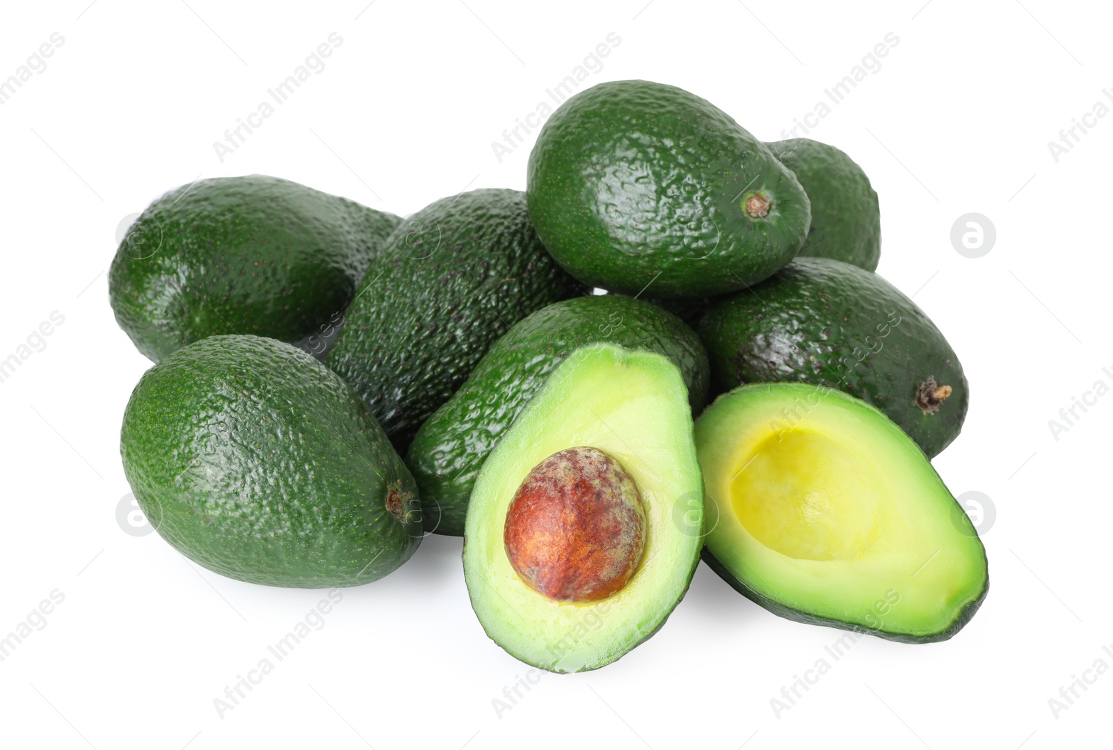 Photo of Many whole and cut avocados isolated on white