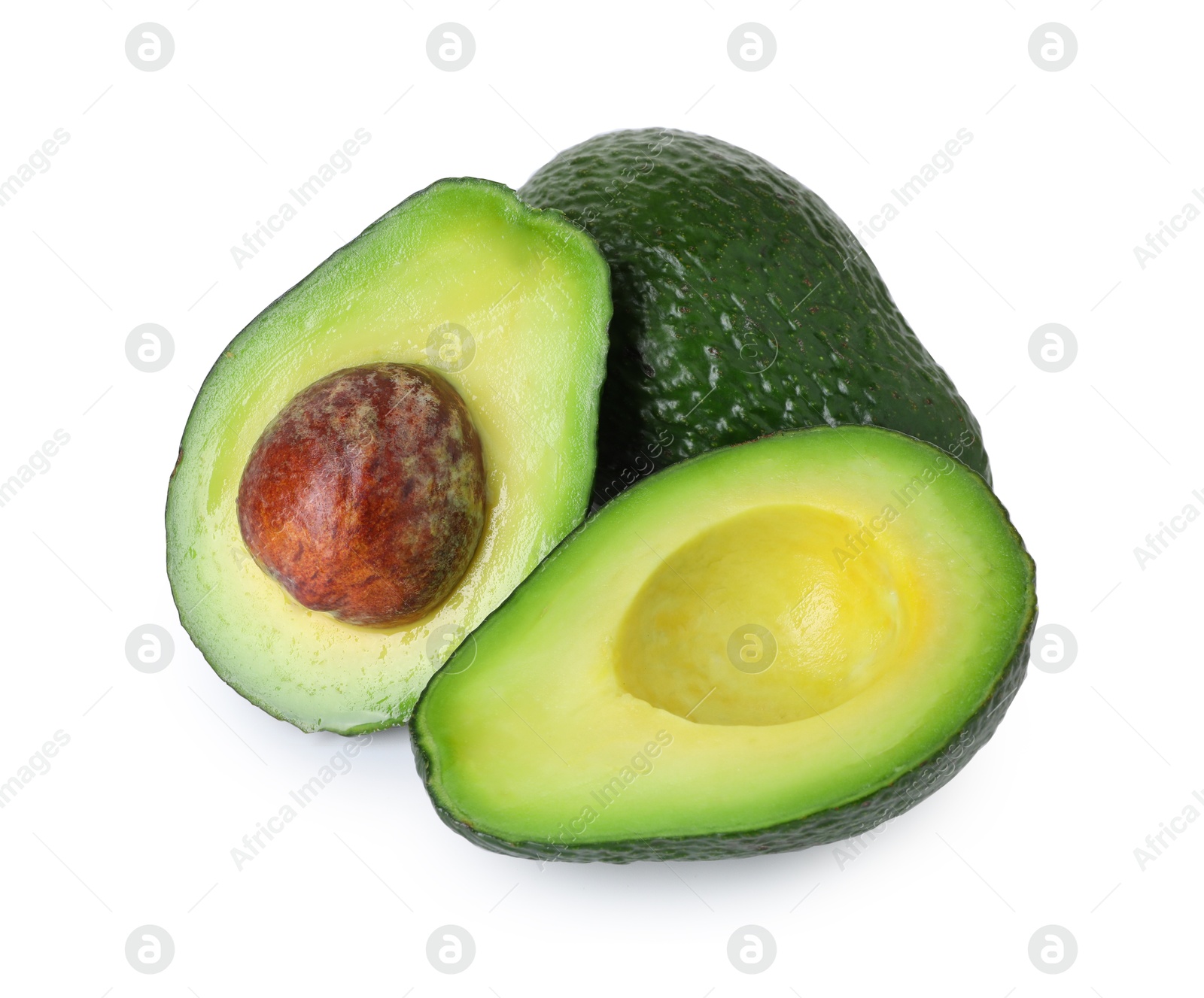 Photo of Whole and cut avocados isolated on white