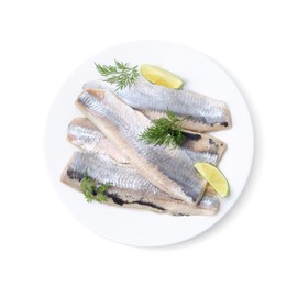 Photo of Marinated herring fillets with lime and dill isolated on white, top view