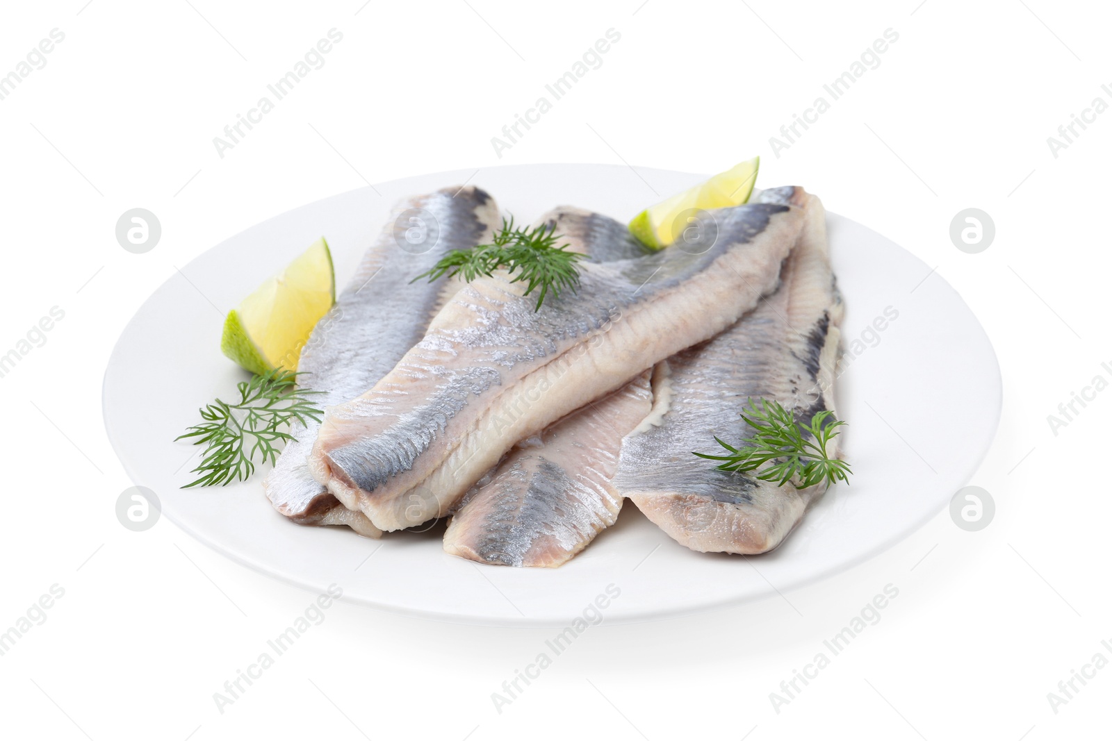 Photo of Marinated herring fillets with lime and dill isolated on white