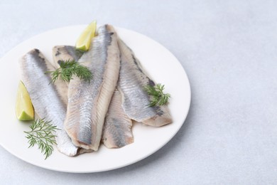 Marinated herring fillets with lime and dill on grey table, closeup. Space for text