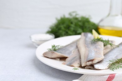 Marinated herring fillets with dill on grey table, closeup. Space for text