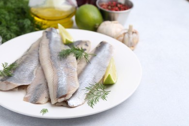 Marinated herring fillets with lime and dill on grey table, closeup. Space for text