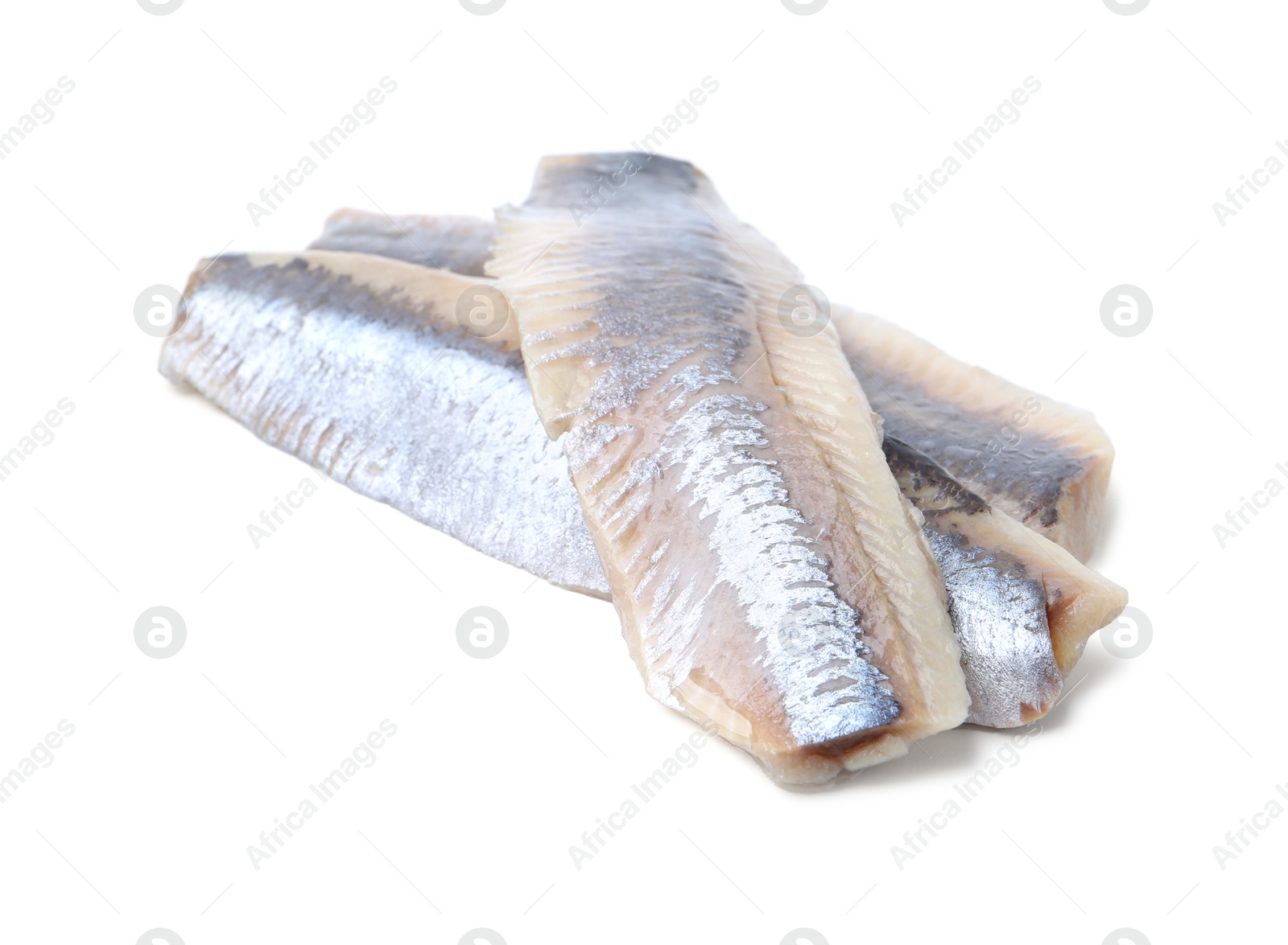 Photo of Tasty marinated herring fillets isolated on white