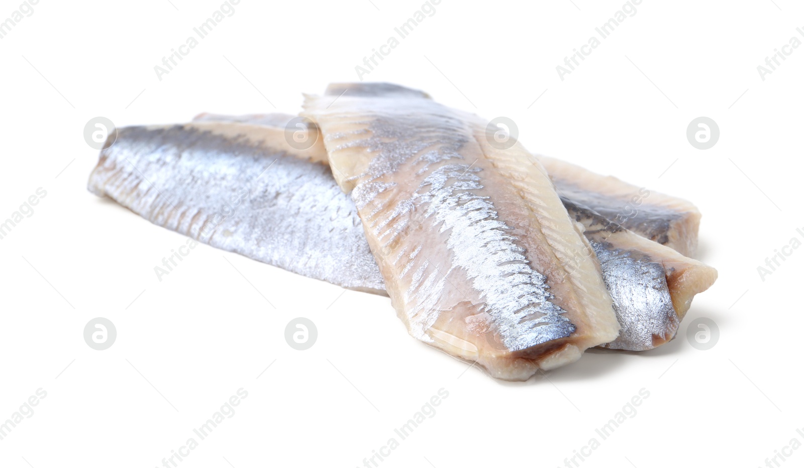 Photo of Tasty marinated herring fillets isolated on white