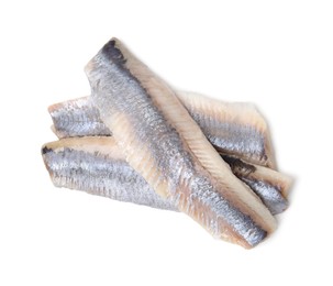 Photo of Marinated herring fillets isolated on white, top view