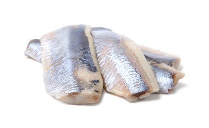 Tasty marinated herring fillets isolated on white