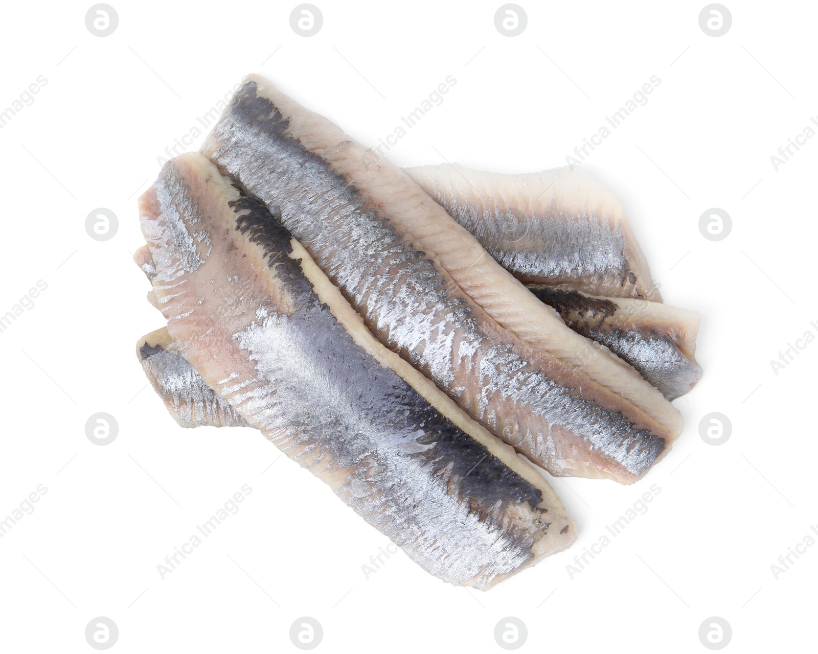 Photo of Marinated herring fillets isolated on white, top view