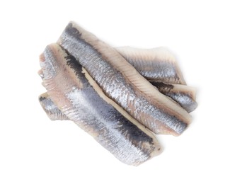 Marinated herring fillets isolated on white, top view