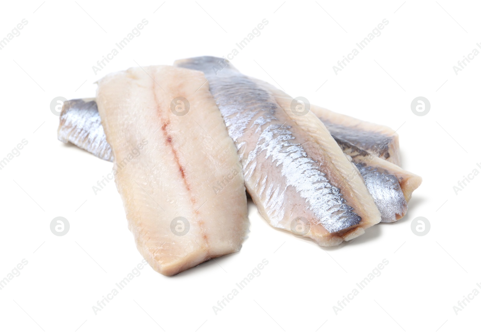 Photo of Tasty marinated herring fillets isolated on white