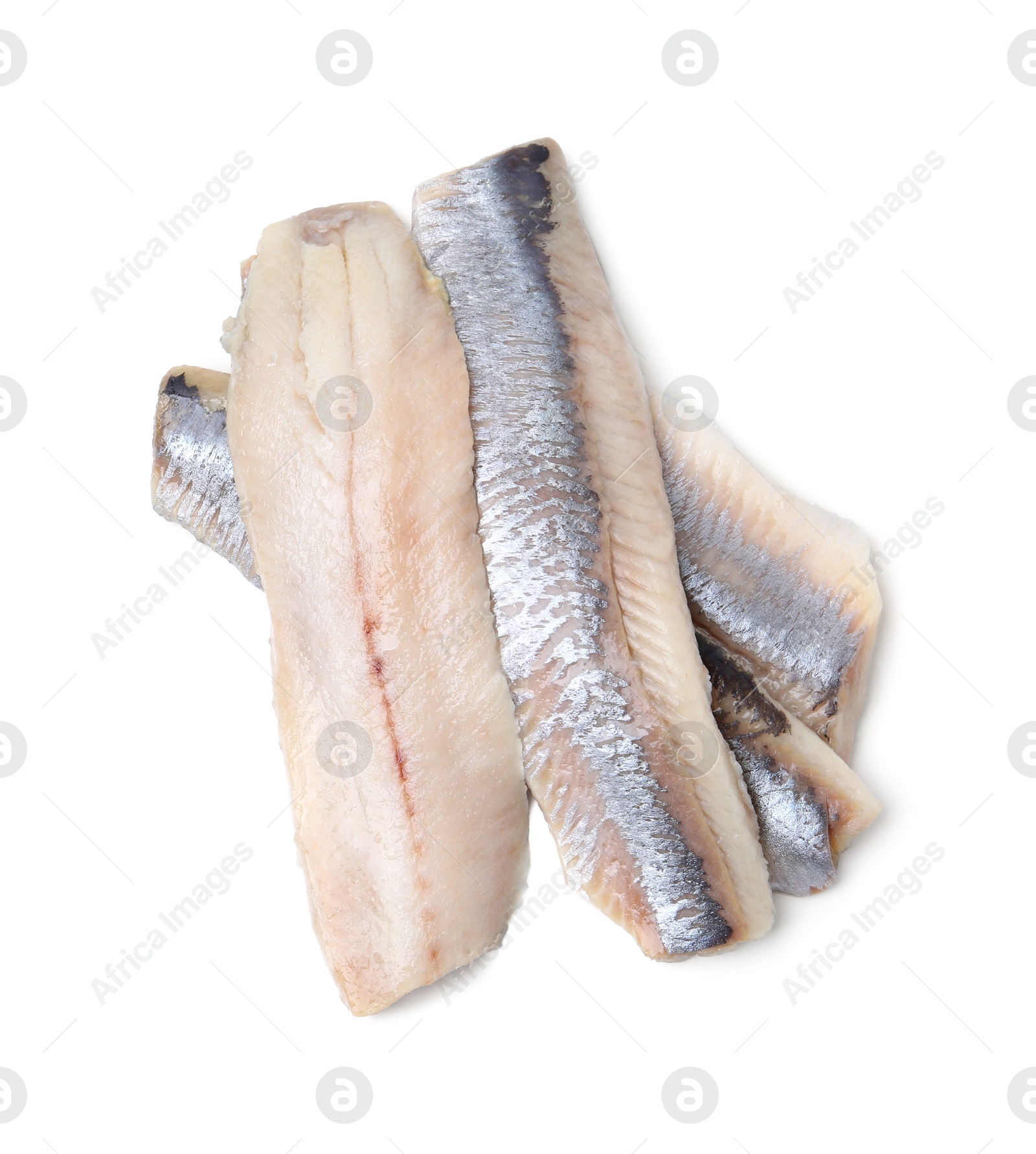 Photo of Marinated herring fillets isolated on white, top view