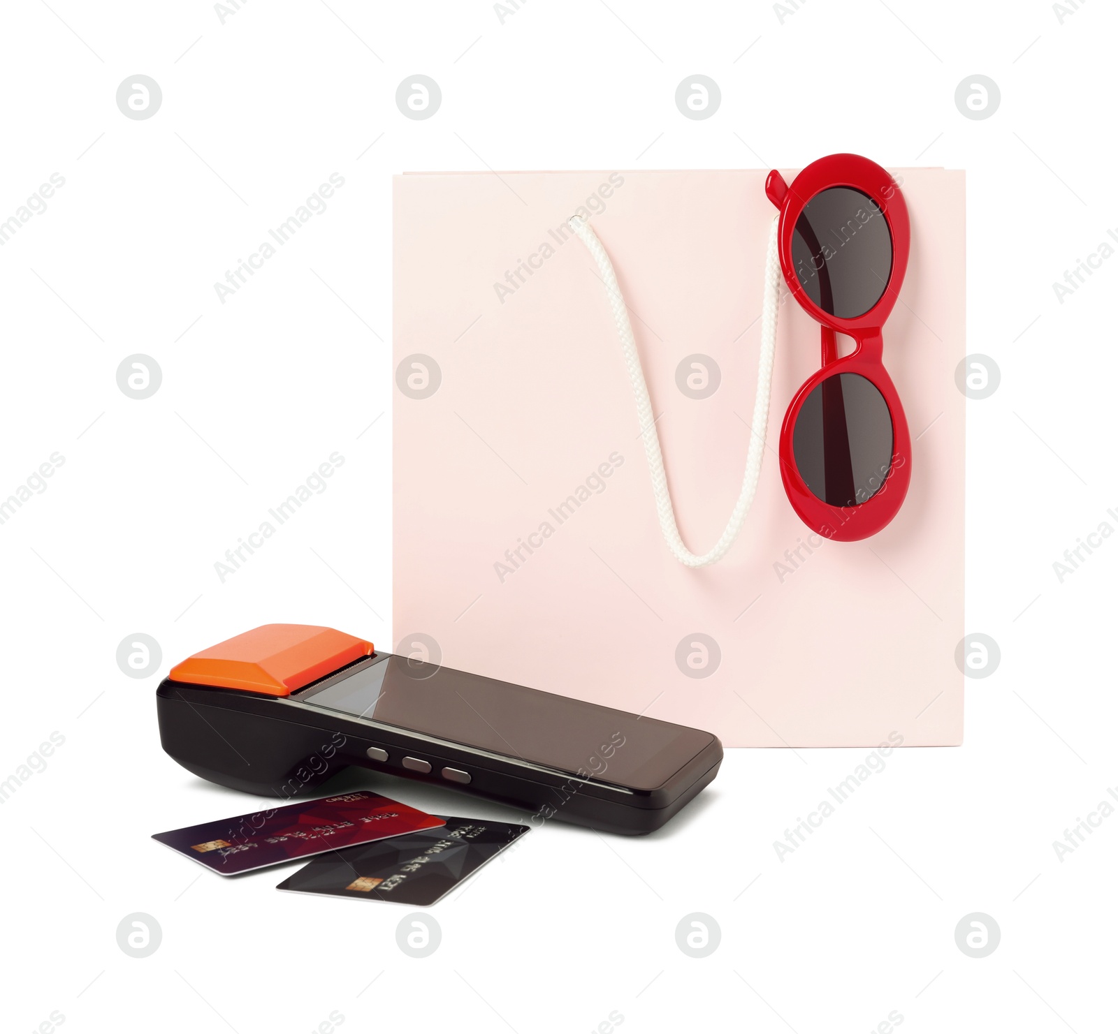 Payment terminal, shopping bag with sunglasses and credit cards isolated on white Photo of Payment terminal, shopping bag with sunglasses and credit cards isolated on white
