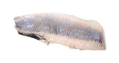 Photo of One tasty marinated herring fillet isolated on white, top view