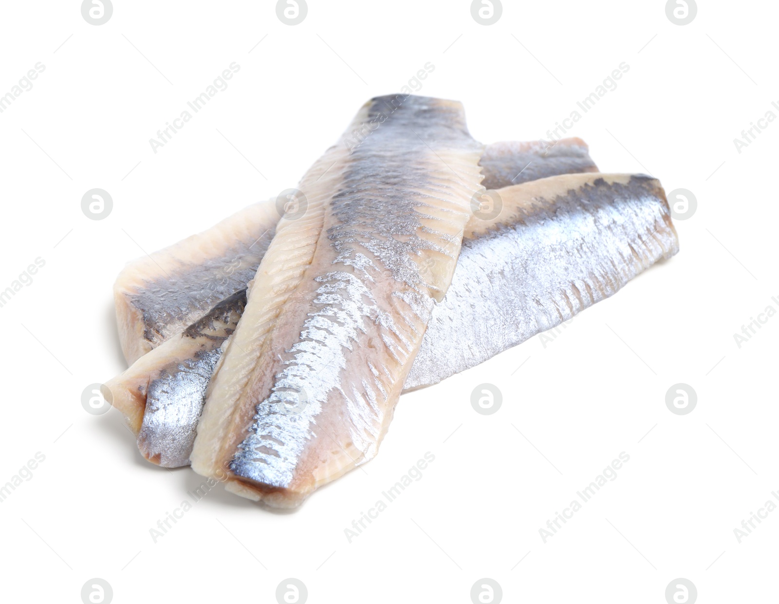 Photo of Tasty marinated herring fillets isolated on white