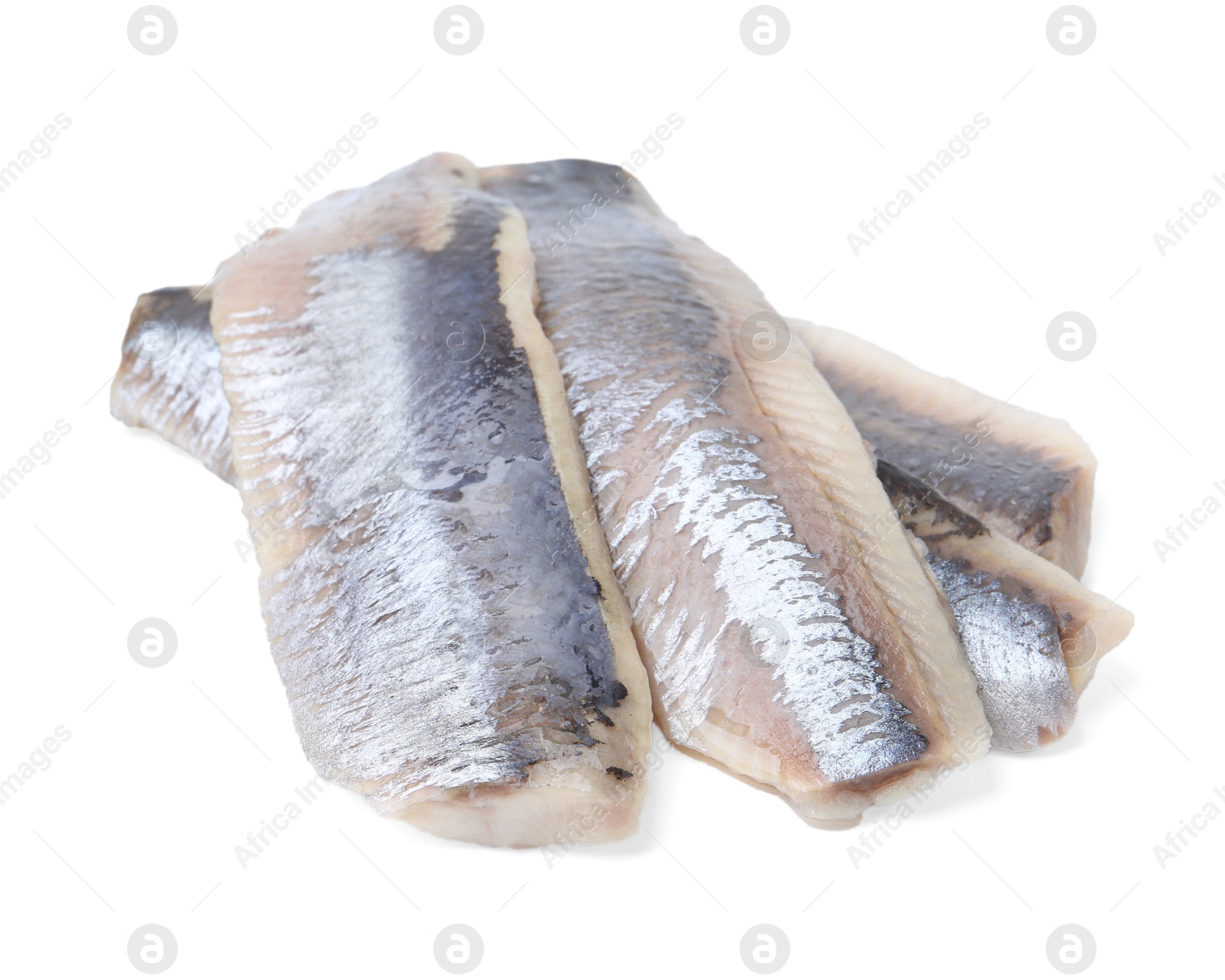 Photo of Tasty marinated herring fillets isolated on white