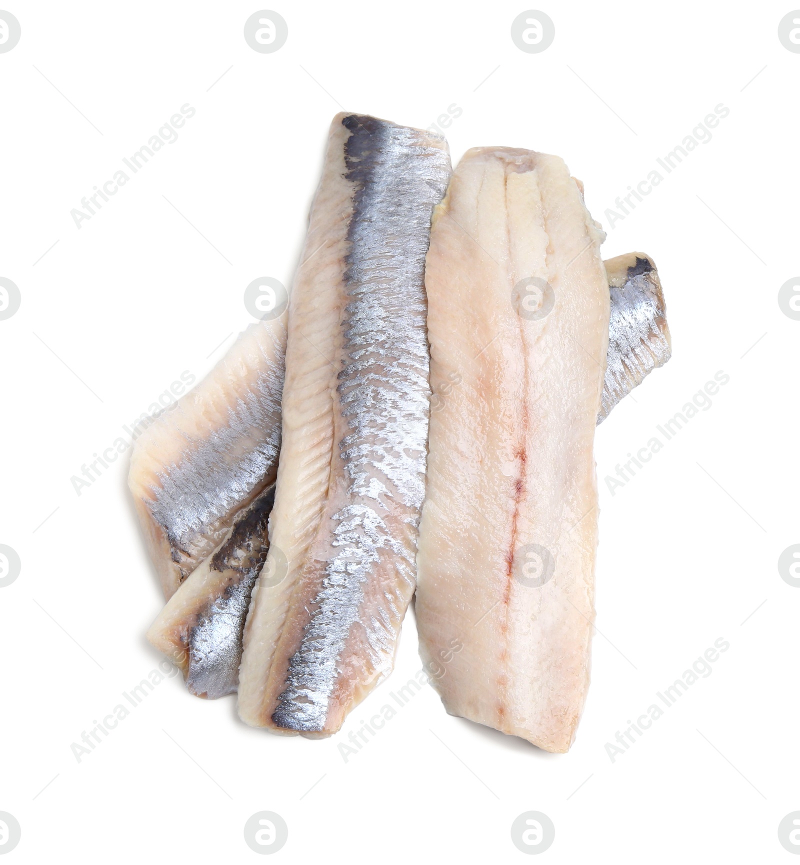 Photo of Marinated herring fillets isolated on white, top view