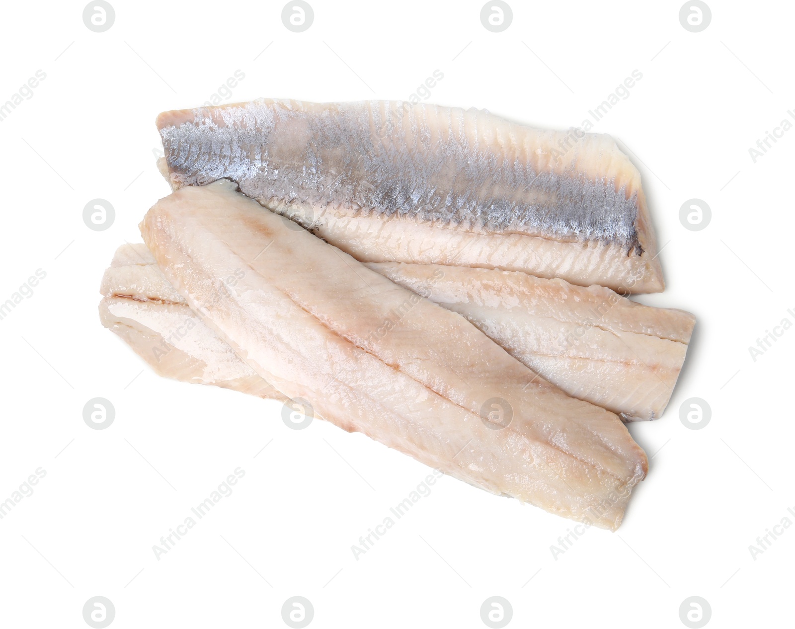 Photo of Marinated herring fillets isolated on white, top view