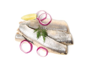 Photo of Marinated herring fillets with dill, onion rings and lime isolated on white, top view