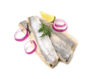 Photo of Marinated herring fillets with dill, onion rings and lime isolated on white