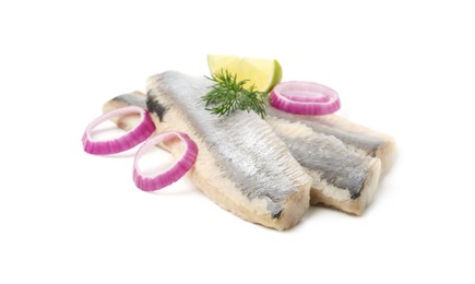 Photo of Marinated herring fillets with dill, onion rings and lime isolated on white