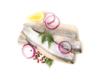 Photo of Marinated herring fillets with dill, onion rings, peppercorns and lemon isolated on white, top view